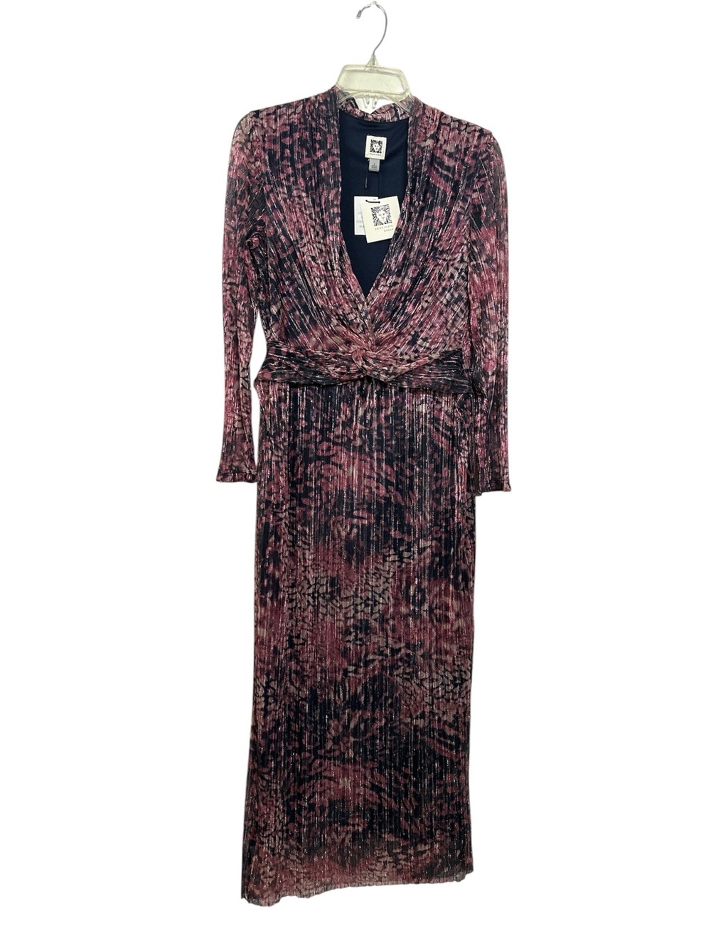 ANNE KLEIN Lotus Pink Multi Metallic Long Sleeves Pleated Size 6 Maxi Dress